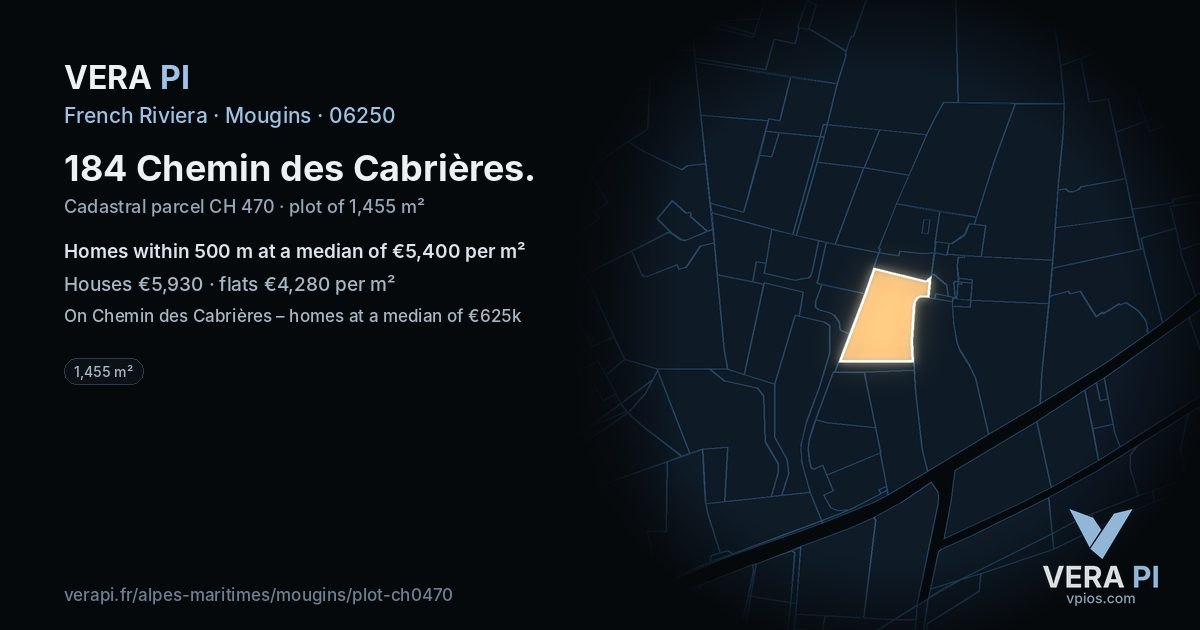 184 Chemin des Cabrières, Mougins at night – the plot lit, the parcels around coloured by the prices near them