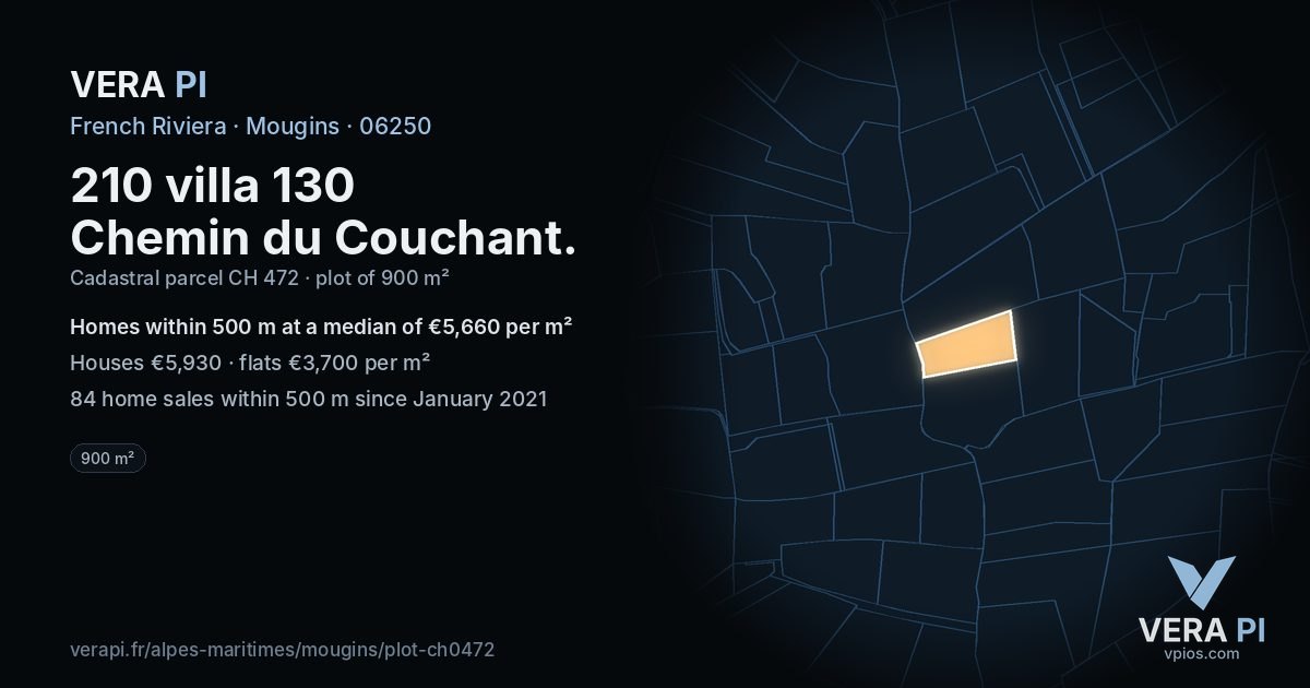 210 villa 130 Chemin du Couchant, Mougins at night – the plot lit, the parcels around coloured by the prices near them