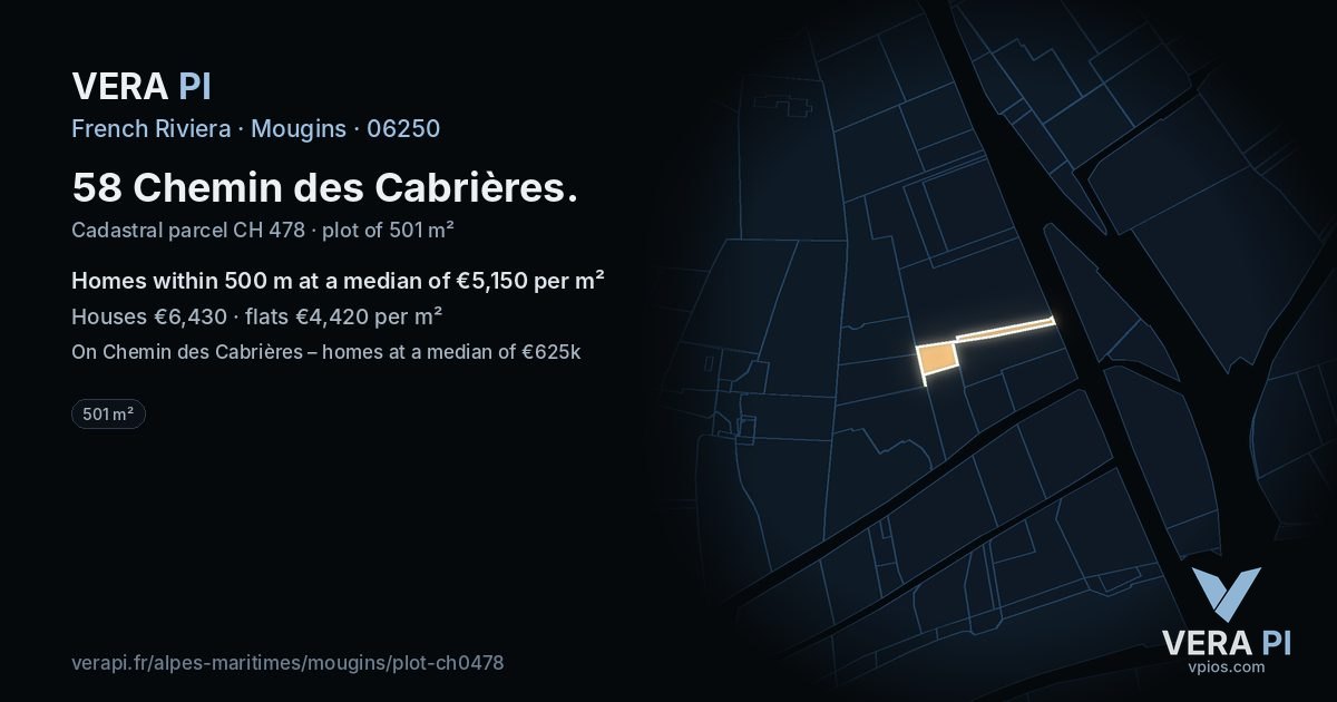 58 Chemin des Cabrières, Mougins at night – the plot lit, the parcels around coloured by the prices near them