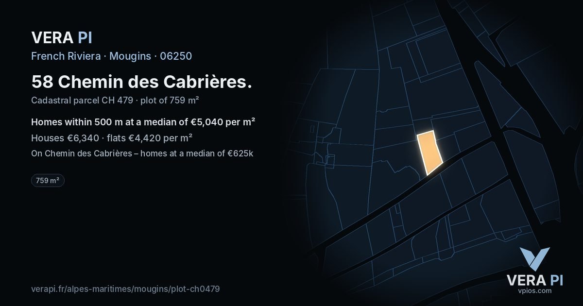 58 Chemin des Cabrières, Mougins at night – the plot lit, the parcels around coloured by the prices near them