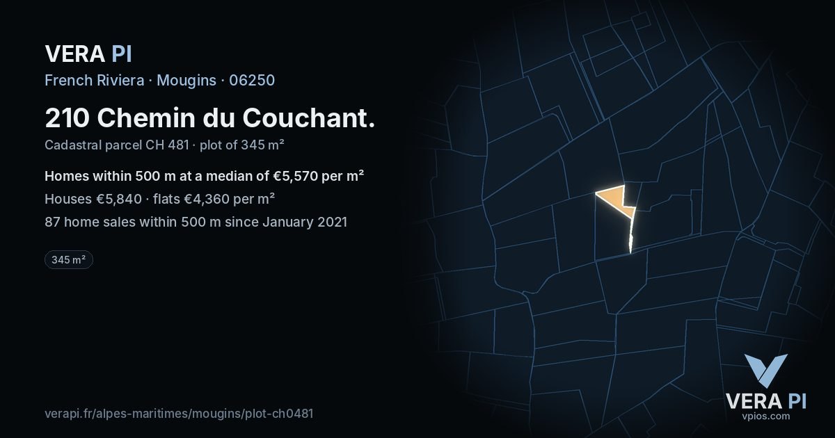 210 Chemin du Couchant, Mougins at night – the plot lit, the parcels around coloured by the prices near them