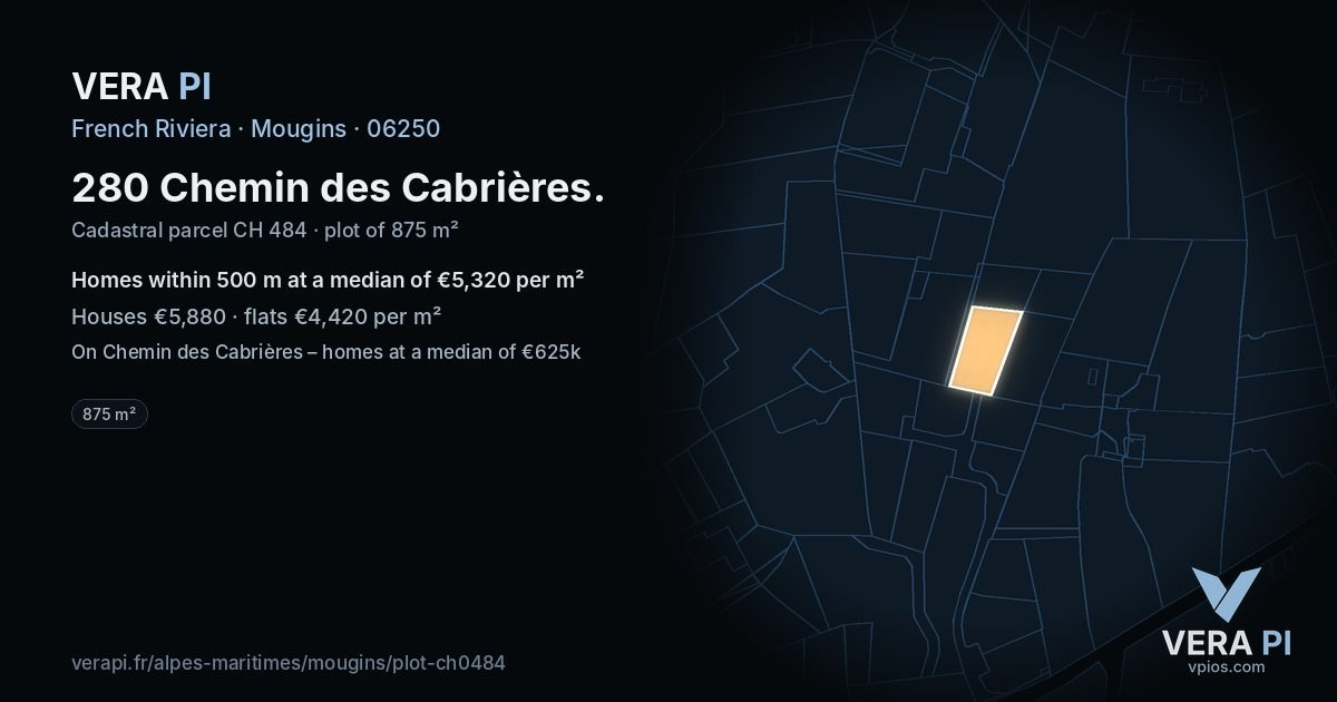 280 Chemin des Cabrières, Mougins at night – the plot lit, the parcels around coloured by the prices near them