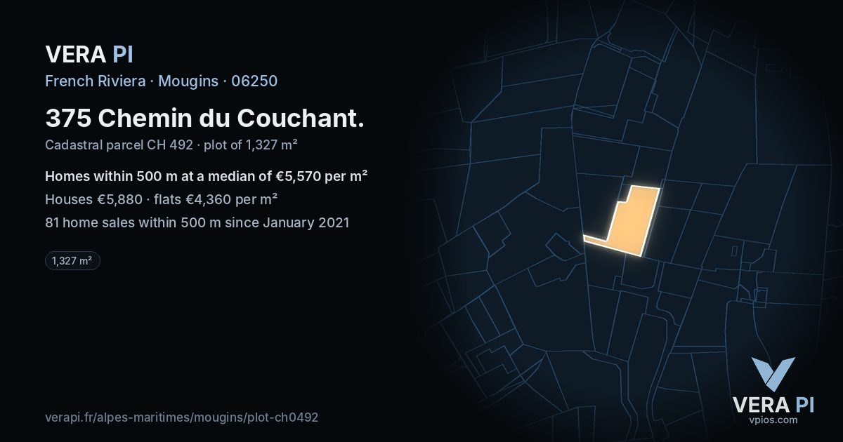375 Chemin du Couchant, Mougins at night – the plot lit, the parcels around coloured by the prices near them