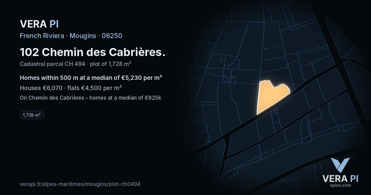 102 Chemin des Cabrières, Mougins at night – the plot lit, the parcels around coloured by the prices near them