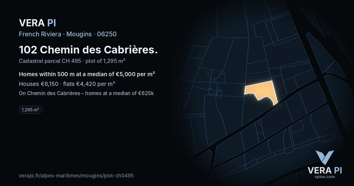 102 Chemin des Cabrières, Mougins at night – the plot lit, the parcels around coloured by the prices near them
