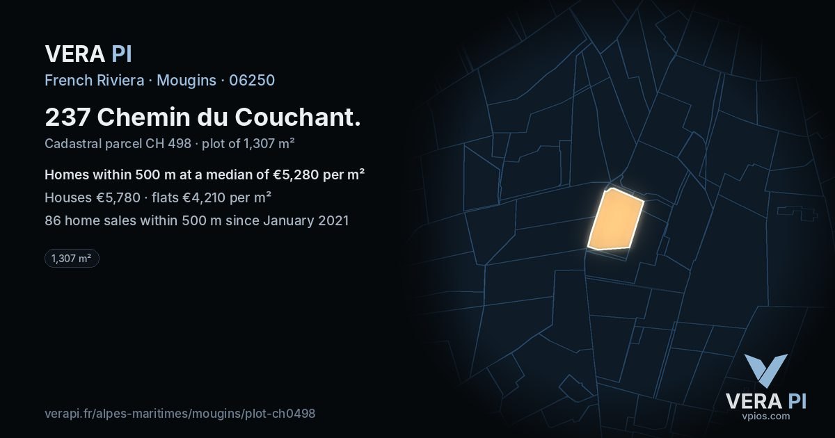 237 Chemin du Couchant, Mougins at night – the plot lit, the parcels around coloured by the prices near them