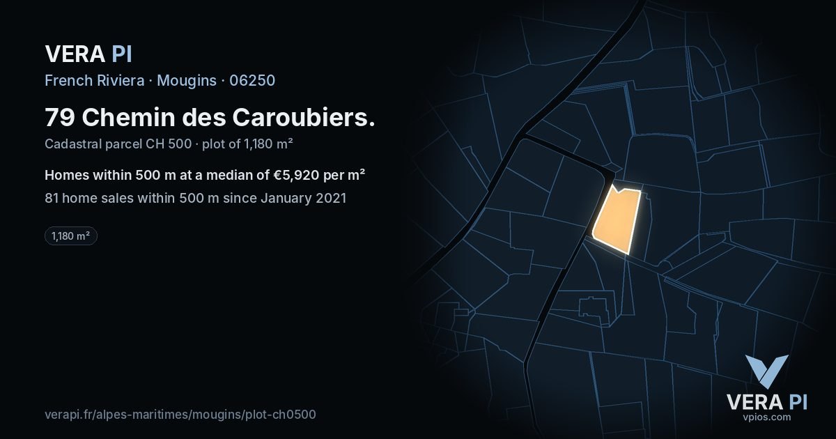 79 Chemin des Caroubiers, Mougins at night – the plot lit, the parcels around coloured by the prices near them