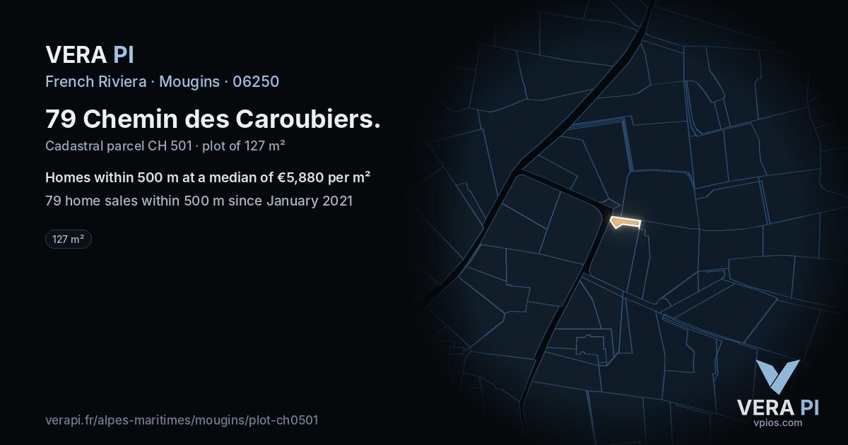 79 Chemin des Caroubiers, Mougins at night – the plot lit, the parcels around coloured by the prices near them