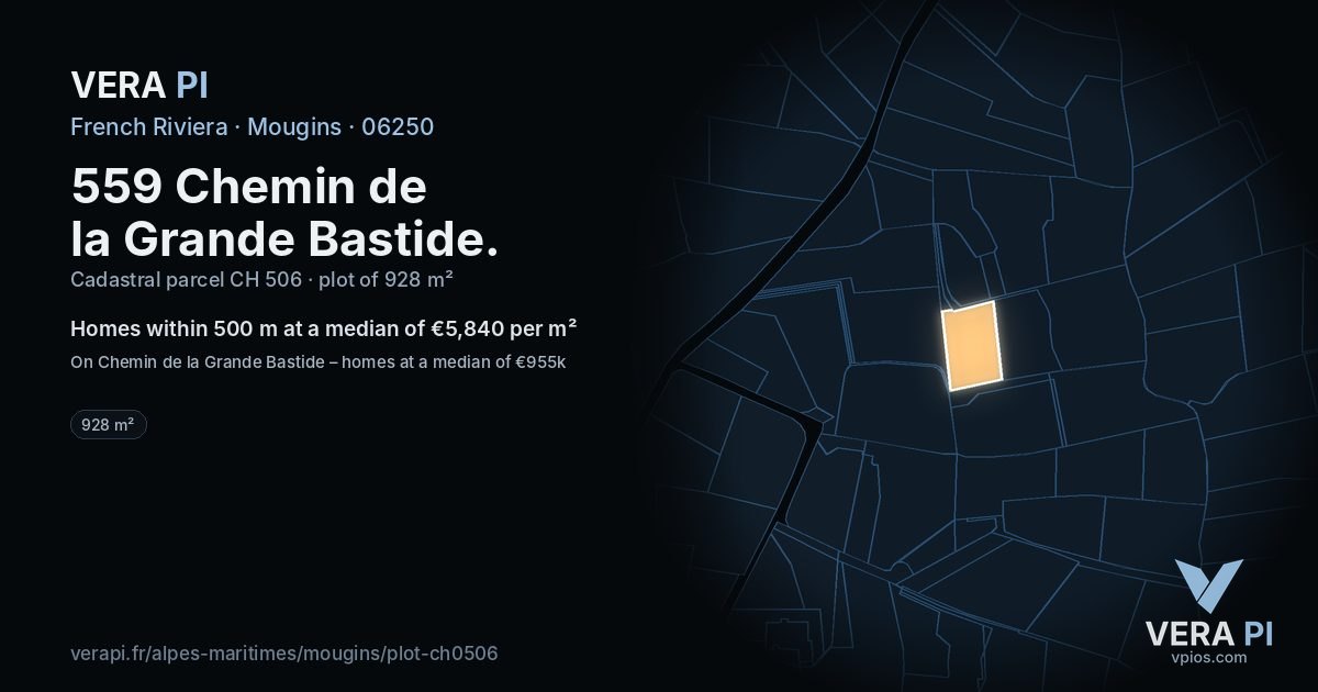 559 Chemin de la Grande Bastide, Mougins at night – the plot lit, the parcels around coloured by the prices near them