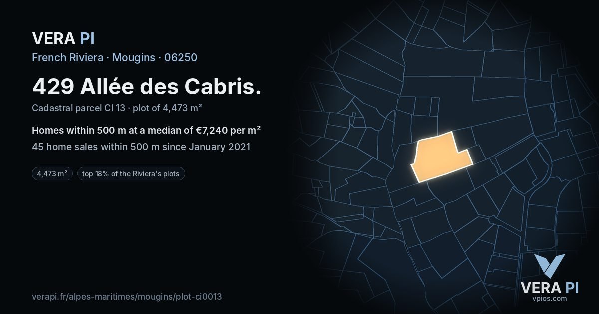 429 Allée des Cabris, Mougins at night – the plot lit, the parcels around coloured by the prices near them