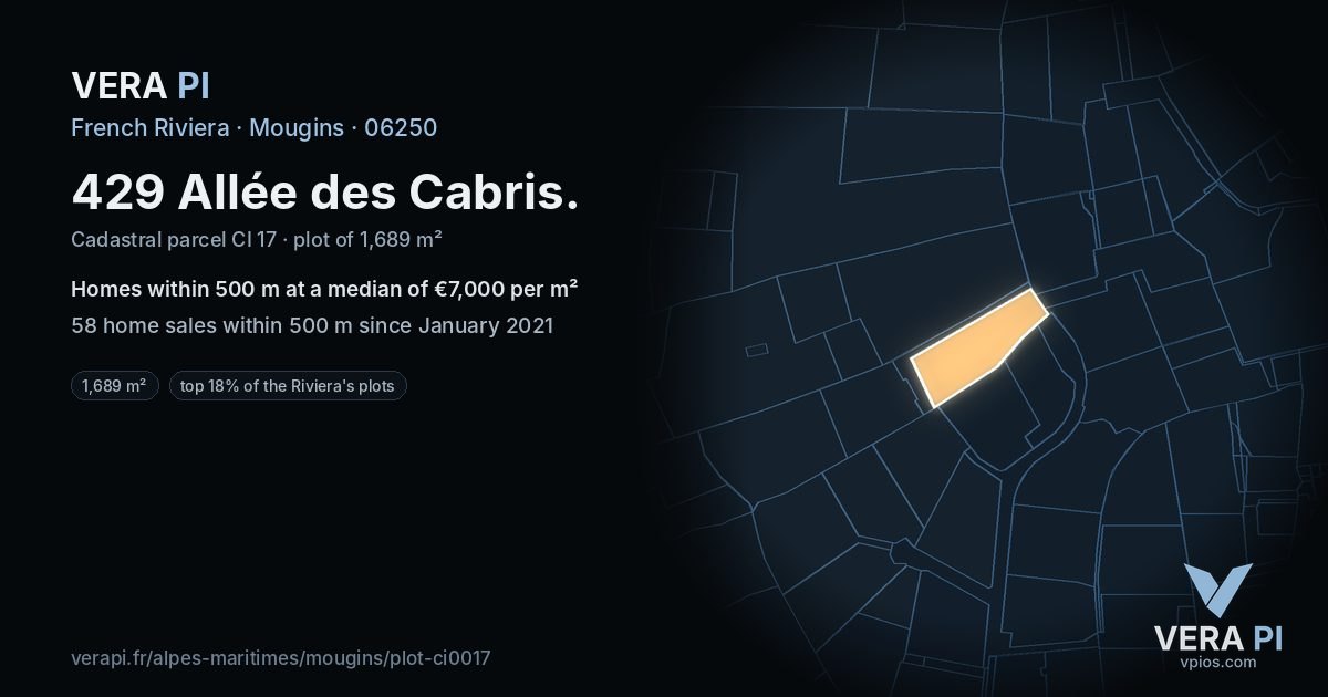 429 Allée des Cabris, Mougins at night – the plot lit, the parcels around coloured by the prices near them