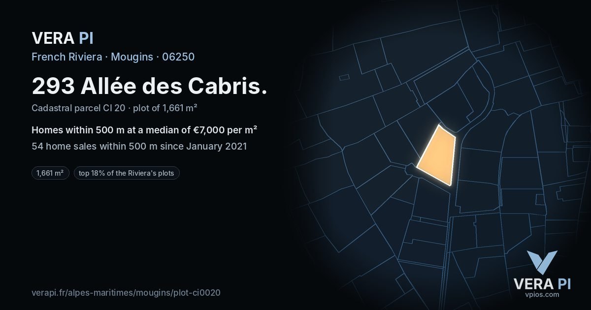 293 Allée des Cabris, Mougins at night – the plot lit, the parcels around coloured by the prices near them