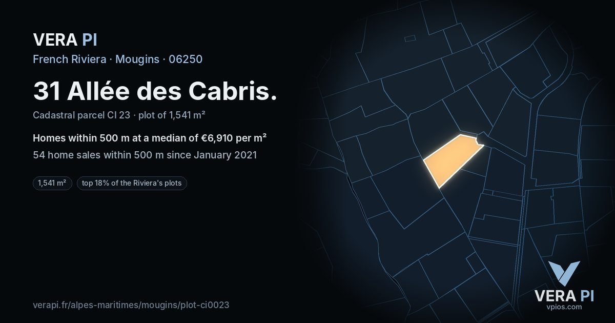 31 Allée des Cabris, Mougins at night – the plot lit, the parcels around coloured by the prices near them