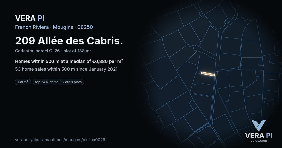 209 Allée des Cabris, Mougins at night – the plot lit, the parcels around coloured by the prices near them