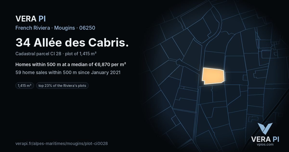 34 Allée des Cabris, Mougins at night – the plot lit, the parcels around coloured by the prices near them
