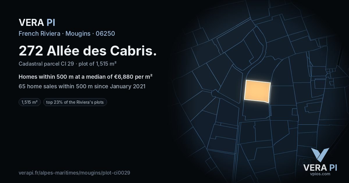 272 Allée des Cabris, Mougins at night – the plot lit, the parcels around coloured by the prices near them