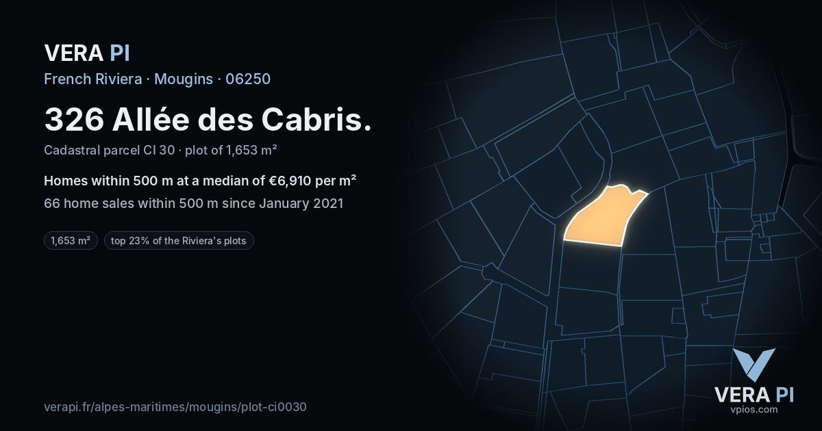 326 Allée des Cabris, Mougins at night – the plot lit, the parcels around coloured by the prices near them