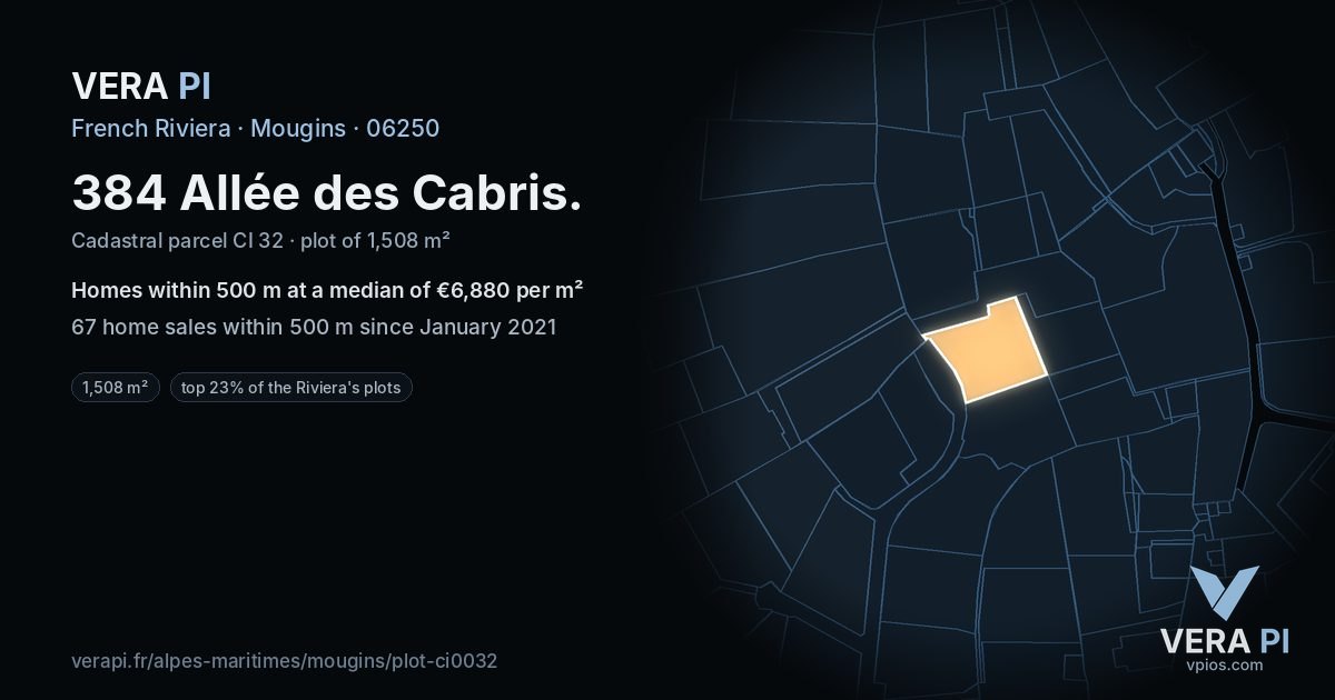 384 Allée des Cabris, Mougins at night – the plot lit, the parcels around coloured by the prices near them