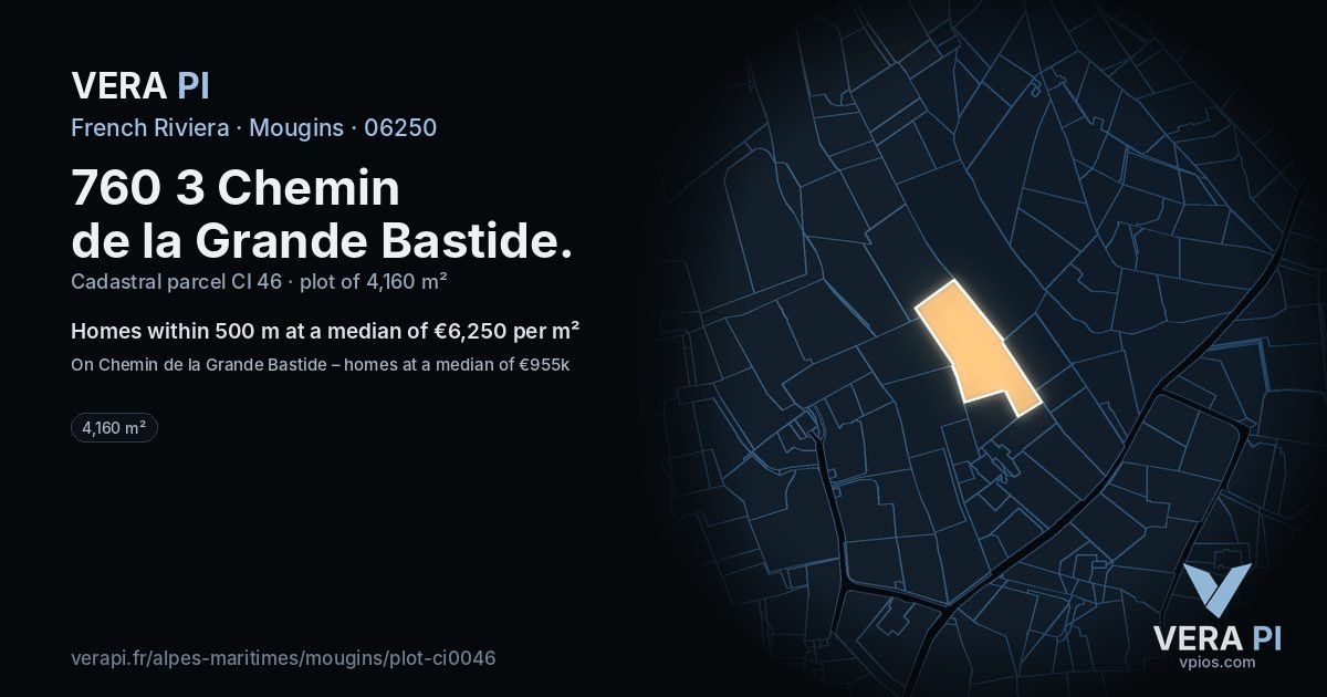 760 3 Chemin de la Grande Bastide, Mougins at night – the plot lit, the parcels around coloured by the prices near them