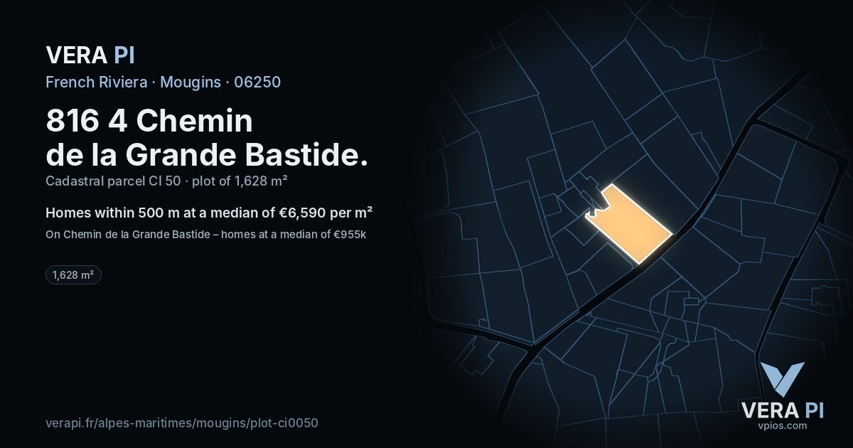 816 4 Chemin de la Grande Bastide, Mougins at night – the plot lit, the parcels around coloured by the prices near them