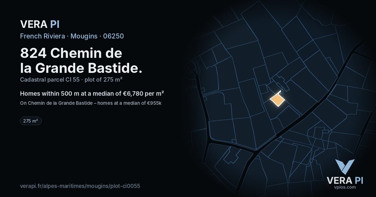 824 Chemin de la Grande Bastide, Mougins at night – the plot lit, the parcels around coloured by the prices near them