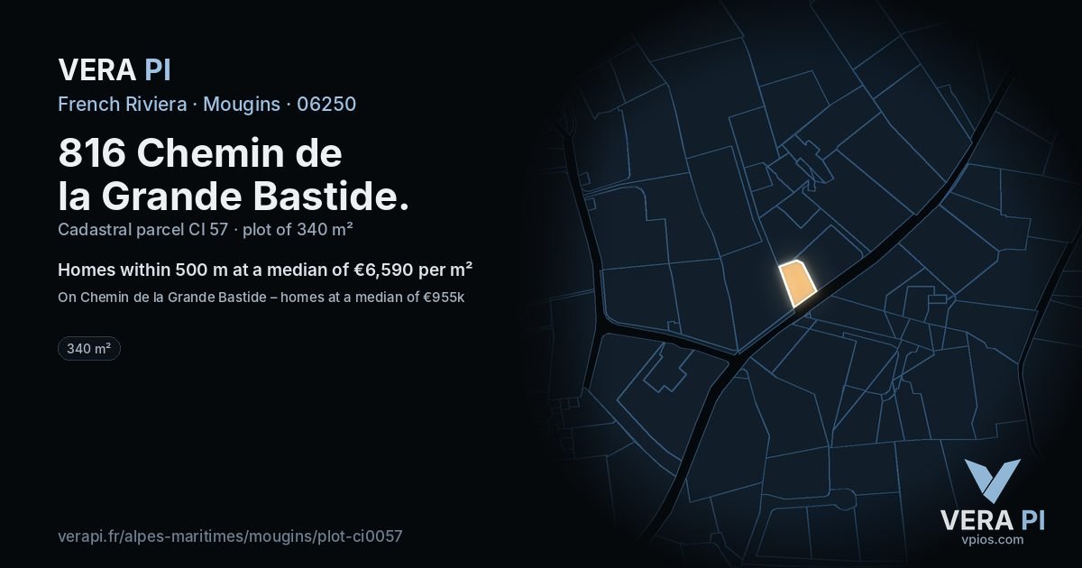 816 Chemin de la Grande Bastide, Mougins at night – the plot lit, the parcels around coloured by the prices near them