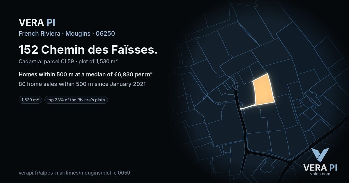 152 Chemin des Faïsses, Mougins at night – the plot lit, the parcels around coloured by the prices near them
