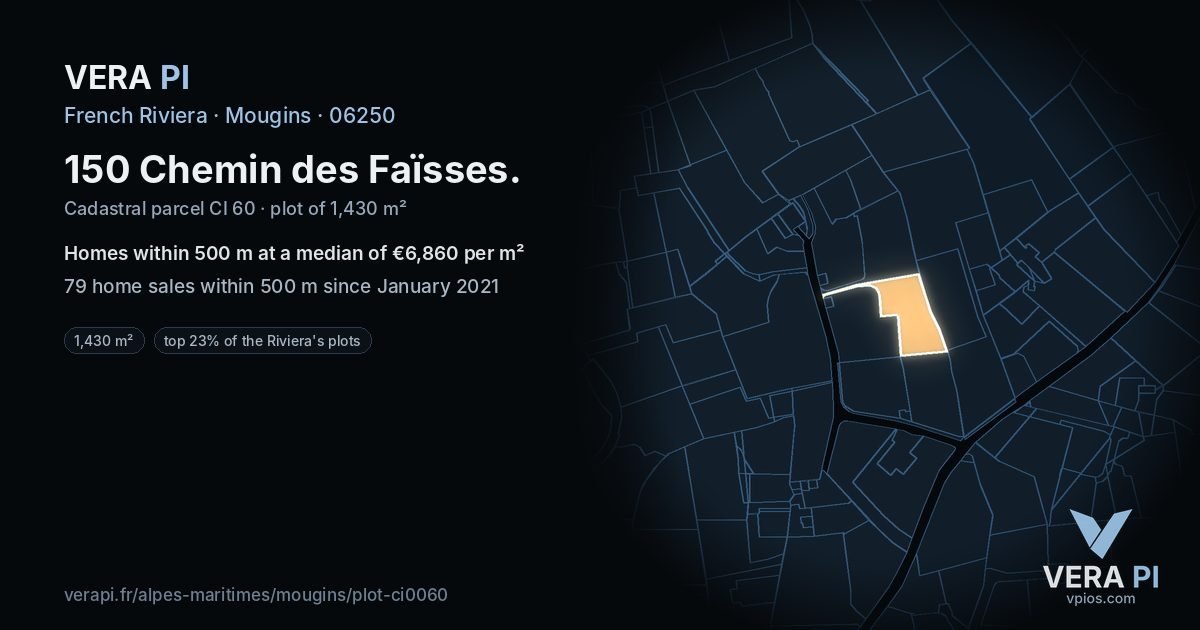 150 Chemin des Faïsses, Mougins at night – the plot lit, the parcels around coloured by the prices near them