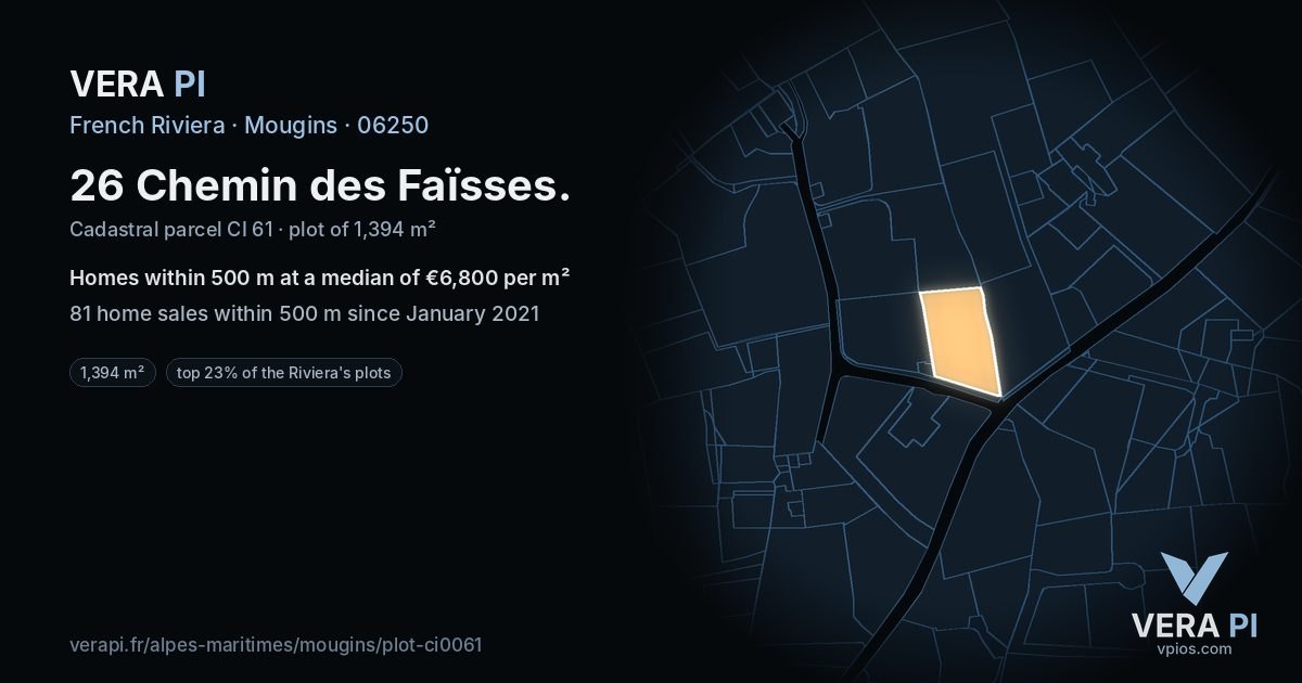26 Chemin des Faïsses, Mougins at night – the plot lit, the parcels around coloured by the prices near them