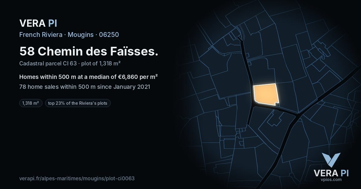 58 Chemin des Faïsses, Mougins at night – the plot lit, the parcels around coloured by the prices near them
