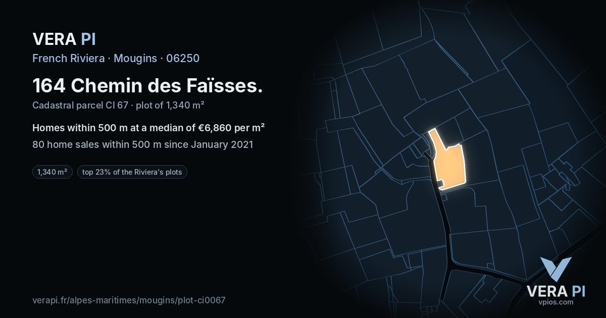 164 Chemin des Faïsses, Mougins at night – the plot lit, the parcels around coloured by the prices near them