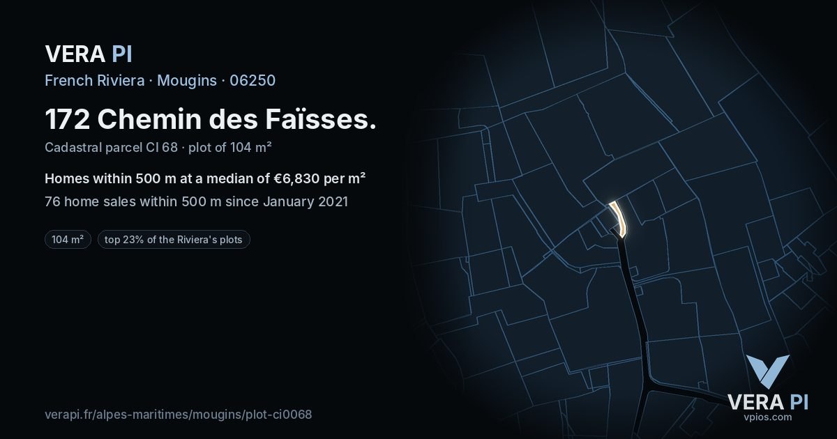 172 Chemin des Faïsses, Mougins at night – the plot lit, the parcels around coloured by the prices near them