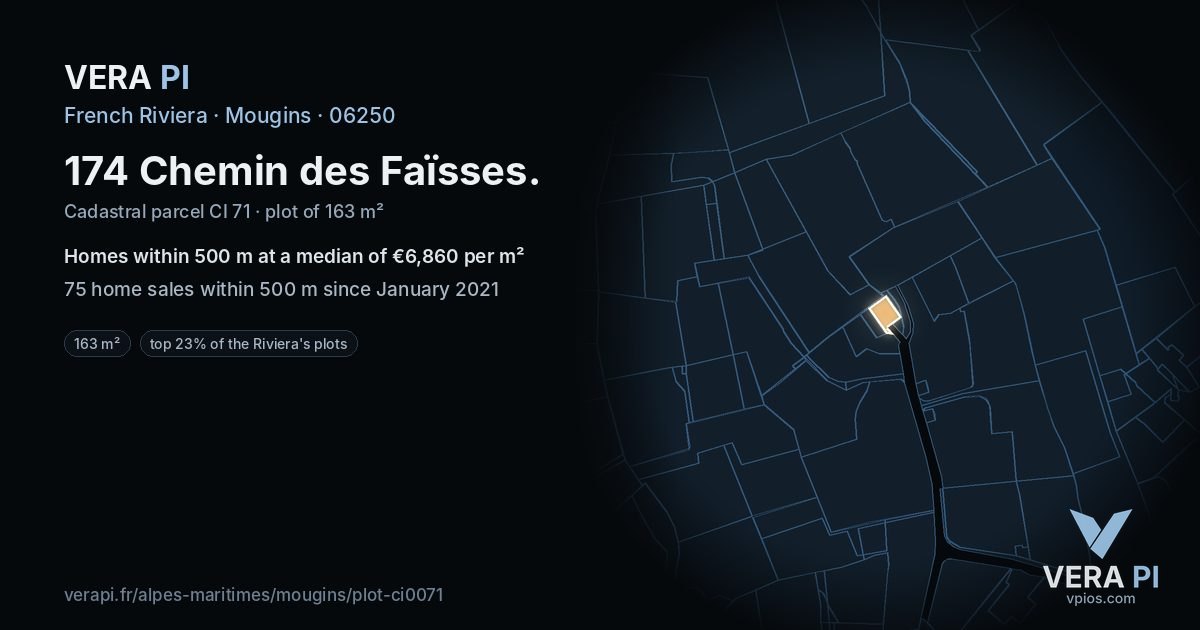 174 Chemin des Faïsses, Mougins at night – the plot lit, the parcels around coloured by the prices near them