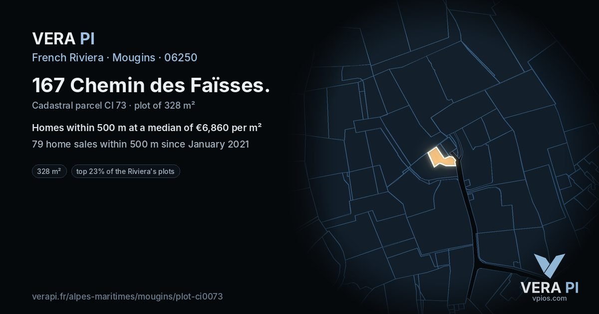167 Chemin des Faïsses, Mougins at night – the plot lit, the parcels around coloured by the prices near them