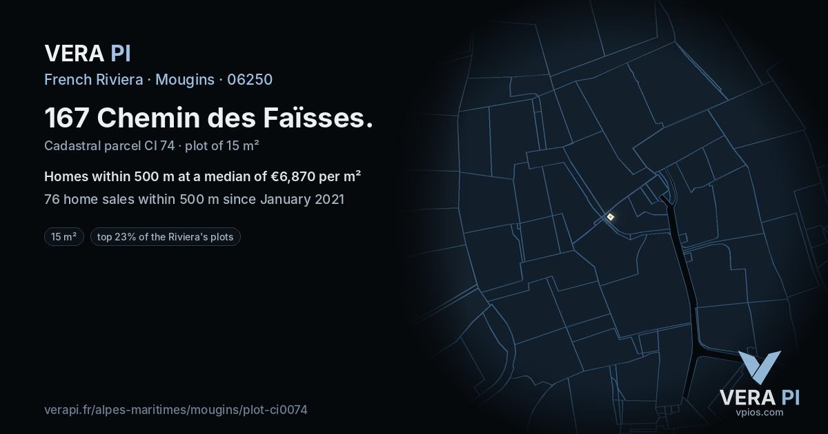 167 Chemin des Faïsses, Mougins at night – the plot lit, the parcels around coloured by the prices near them