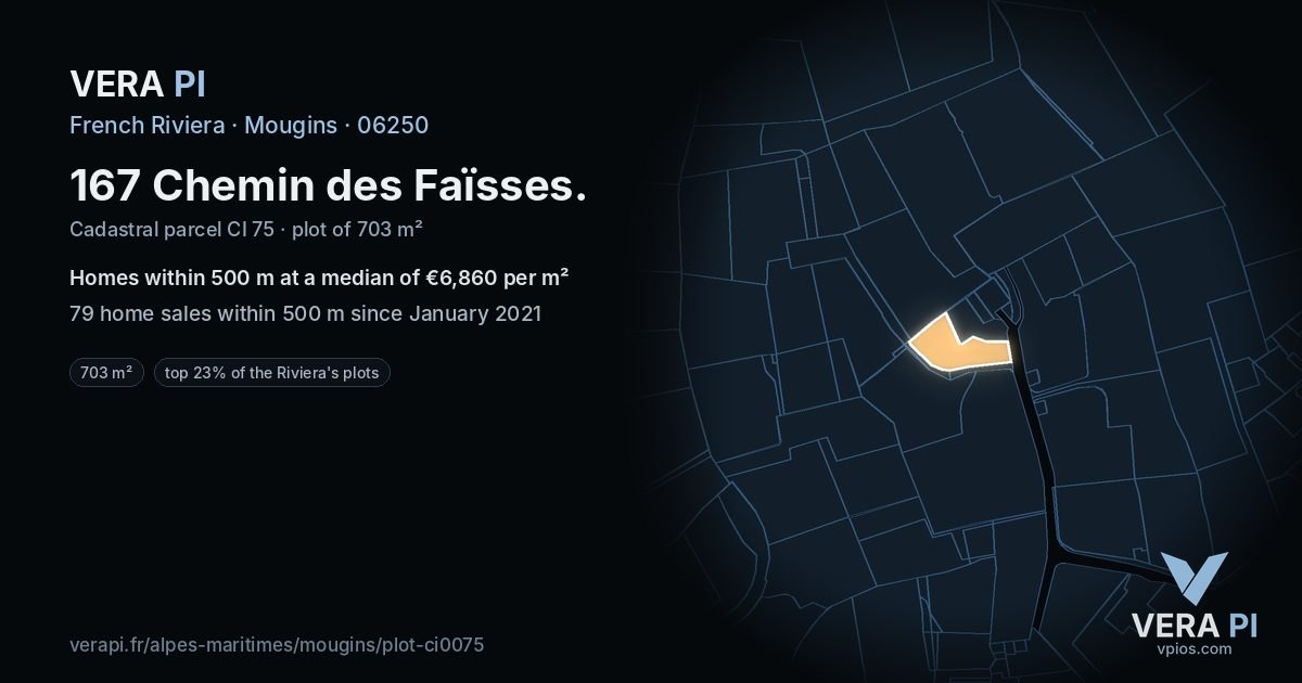 167 Chemin des Faïsses, Mougins at night – the plot lit, the parcels around coloured by the prices near them