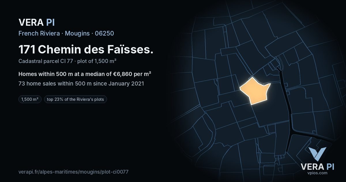 171 Chemin des Faïsses, Mougins at night – the plot lit, the parcels around coloured by the prices near them