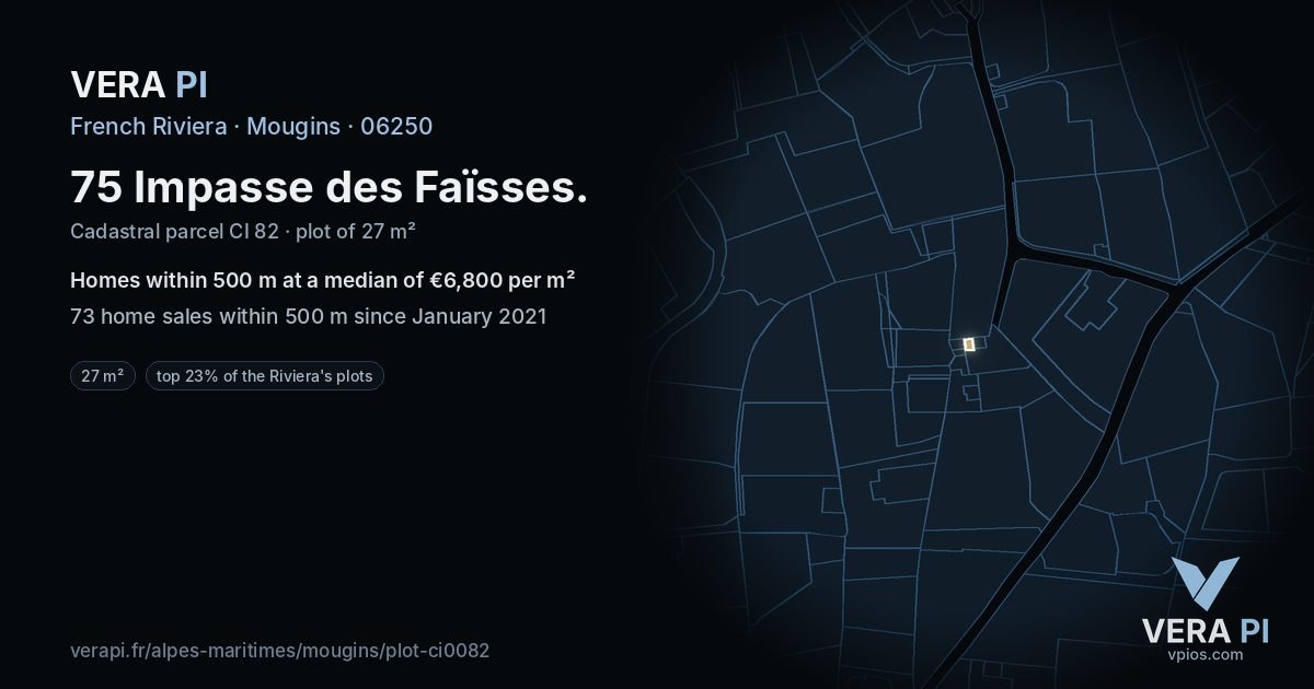 75 Impasse des Faïsses, Mougins at night – the plot lit, the parcels around coloured by the prices near them
