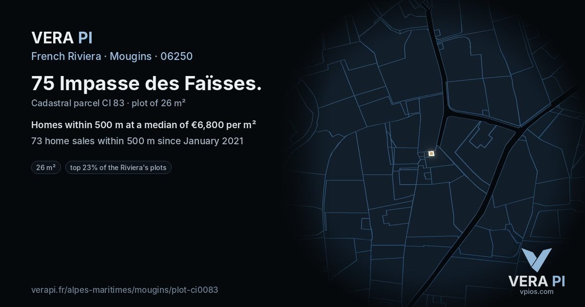 75 Impasse des Faïsses, Mougins at night – the plot lit, the parcels around coloured by the prices near them