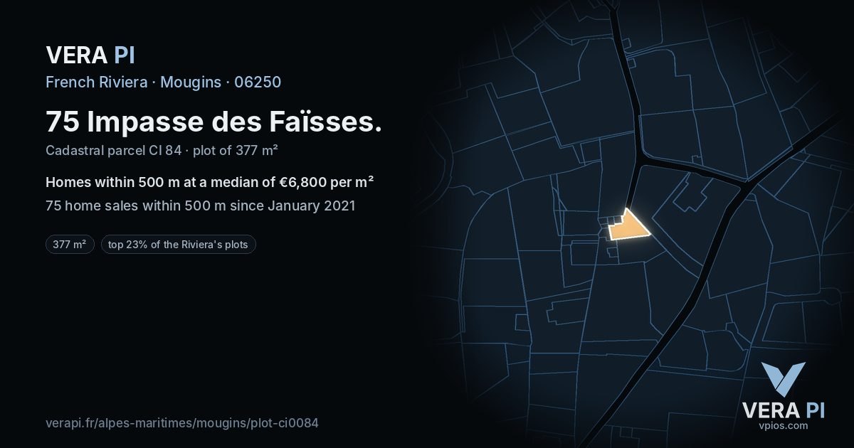 75 Impasse des Faïsses, Mougins at night – the plot lit, the parcels around coloured by the prices near them