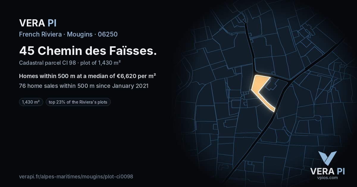 45 Chemin des Faïsses, Mougins at night – the plot lit, the parcels around coloured by the prices near them