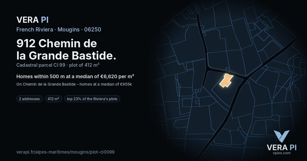 912 Chemin de la Grande Bastide, Mougins at night – the plot lit, the parcels around coloured by the prices near them