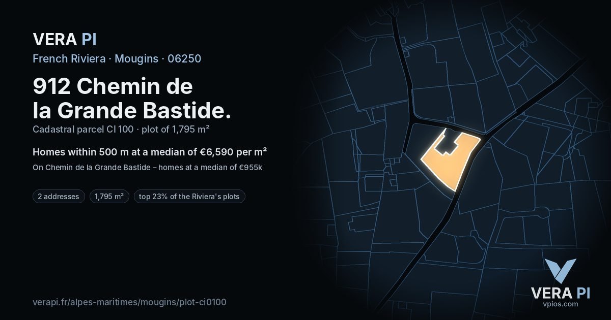 912 Chemin de la Grande Bastide, Mougins at night – the plot lit, the parcels around coloured by the prices near them