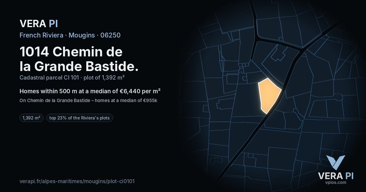 1014 Chemin de la Grande Bastide, Mougins at night – the plot lit, the parcels around coloured by the prices near them