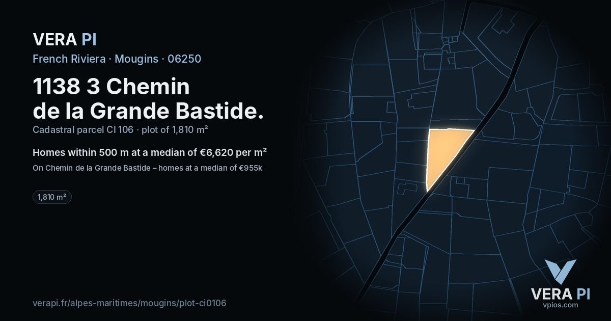1138 3 Chemin de la Grande Bastide, Mougins at night – the plot lit, the parcels around coloured by the prices near them