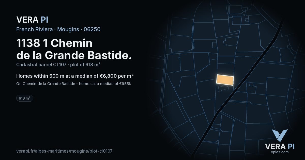 1138 1 Chemin de la Grande Bastide, Mougins at night – the plot lit, the parcels around coloured by the prices near them