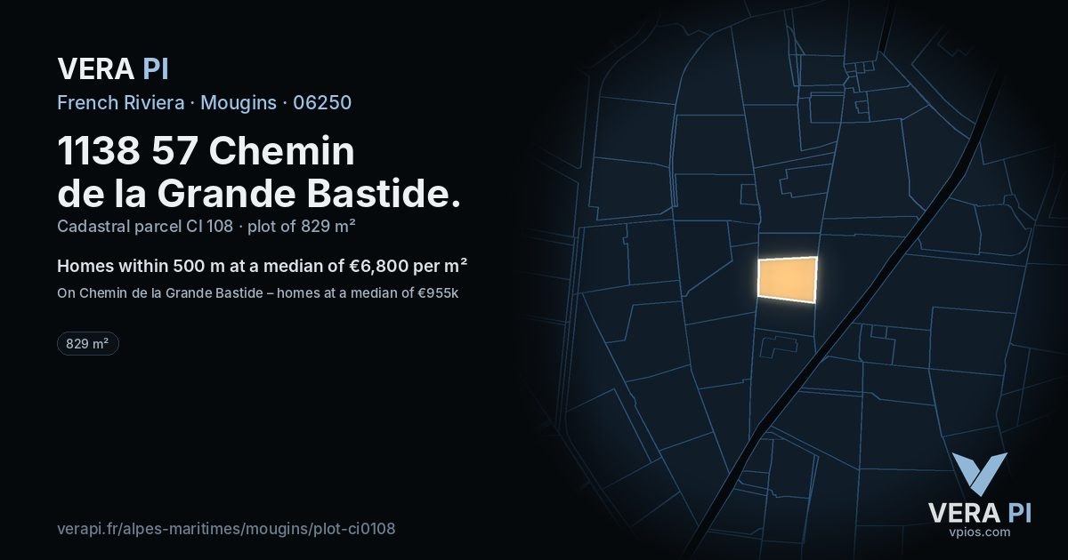 1138 57 Chemin de la Grande Bastide, Mougins at night – the plot lit, the parcels around coloured by the prices near them