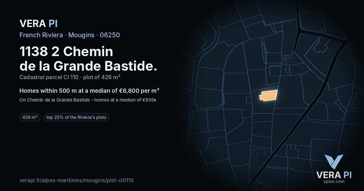 1138 2 Chemin de la Grande Bastide, Mougins at night – the plot lit, the parcels around coloured by the prices near them