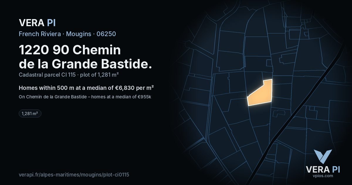 1220 90 Chemin de la Grande Bastide, Mougins at night – the plot lit, the parcels around coloured by the prices near them