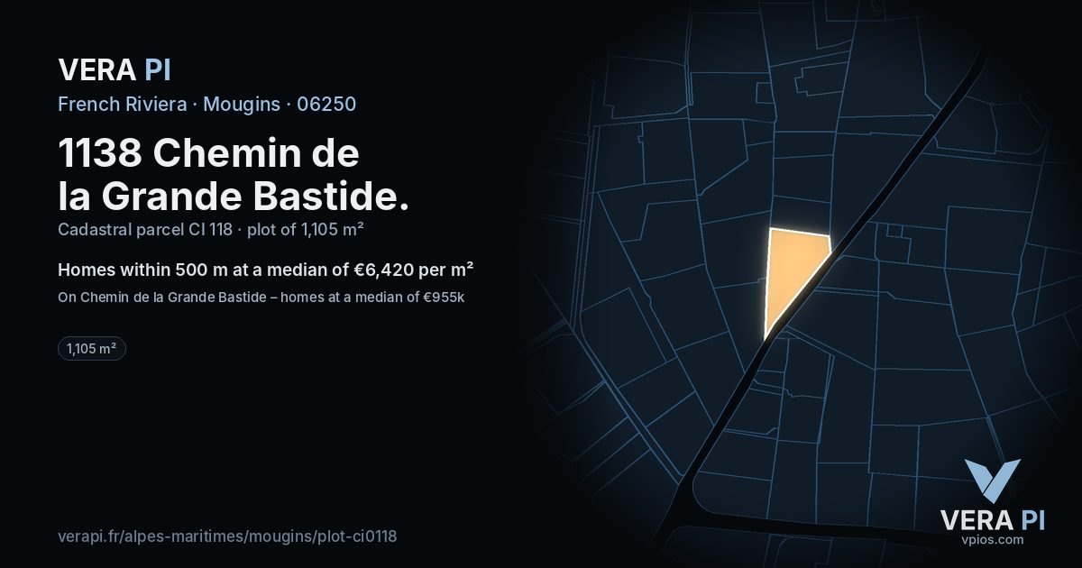 1138 Chemin de la Grande Bastide, Mougins at night – the plot lit, the parcels around coloured by the prices near them